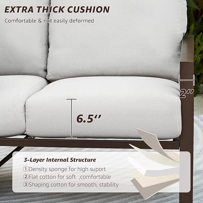 NATURAL EXPRESSIONS 4 Pieces Patio Furniture Set, Outdoor Furniture Sofa Sectional Modern Metal Patio Conversation Set with High Back Backrest & 3 Seater Loveseat and 2 Fixed Chairs