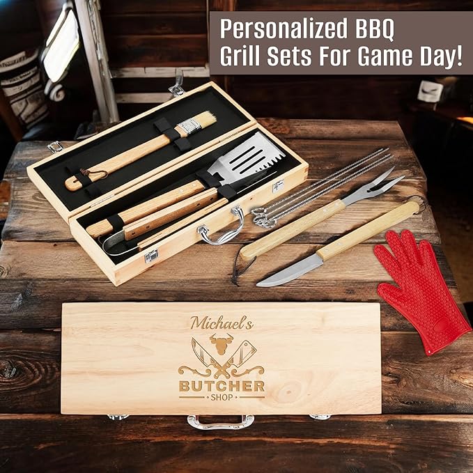 Personalized Tailgating BBQ Grill Accessories Set,11 Pcs Stainless Steel Grilling Accessories, Tailgate Grill for Outdoor Cooking, Camping, Mancave, Backyard,Grilling Gifts for Men,Grill Smoker Gifts