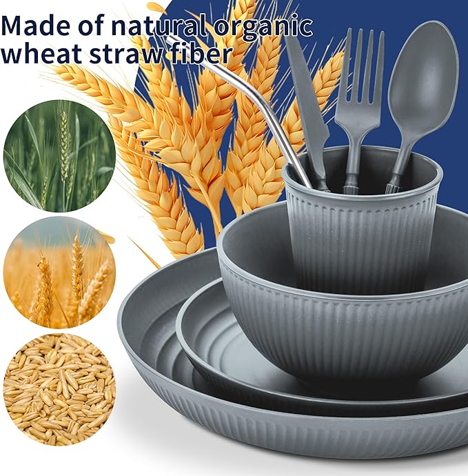 Wheat Straw Dinnerware Sets,48-Piece Plates and Bowls Sets for 6-Unbreakable,Reusable Plastic Dish Set-Dinner Plate/Dessert Plate/Cereal Bowl/Cup/Utensils-Microwave Dishwasher Safe 48P-Profound Gray