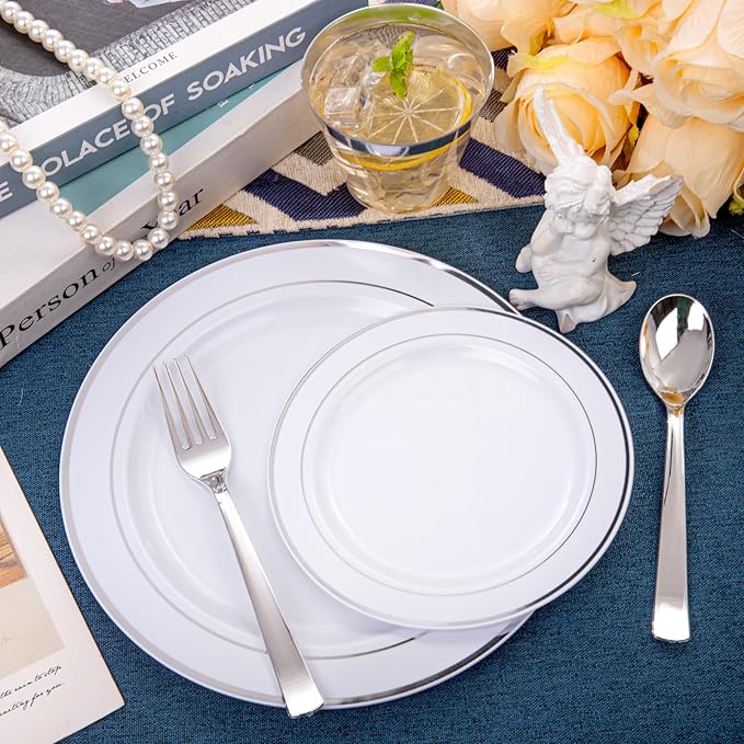 WELLIFE 600 Pcs Sliver Disposable Dinnerware for 100 Guests, Dinnerware Set of 100 Dinner Plates, 100 Salad Plates, 100 Spoons, 100 Forks, 100 Knives, 100 Cups