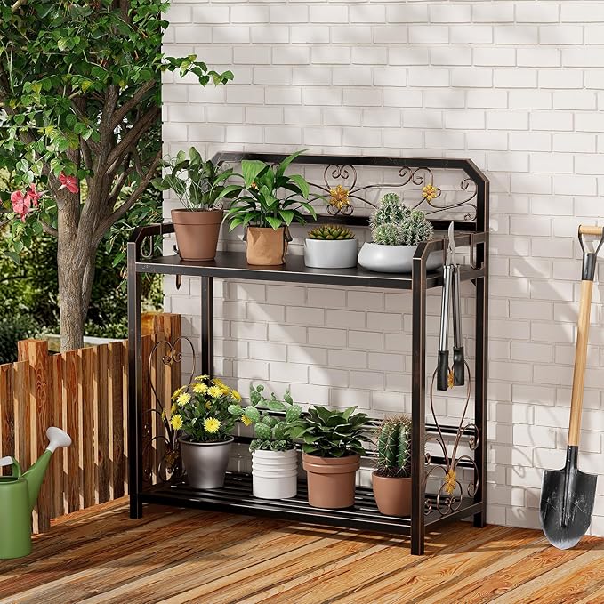 Potting Bench, Outdoor Potting Table with 4 Side Hooks, All-Weather Gardening Table Work Station, Outside Garden Workbench, 505lbs Capacity, 18" D x 39" W x 44" H, Distressed Vintage Black