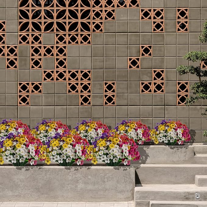 15 Bundles Artificial Flowers Outdoor UV Resistant Fake Silk Plants Plastic Faux Shrubs Outside Front Porch Window Box Garden Home Hanging Planter Decoration (Mixed Color)