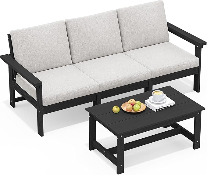 SERWALL HDPE Patio Sofa Set, 4-Piece Sectional Outdoor Furniture Set, All Weather Outdoor Couch Set Patio Furniture Set for Deck, Lawn, Black Frame with Khaki Cushion