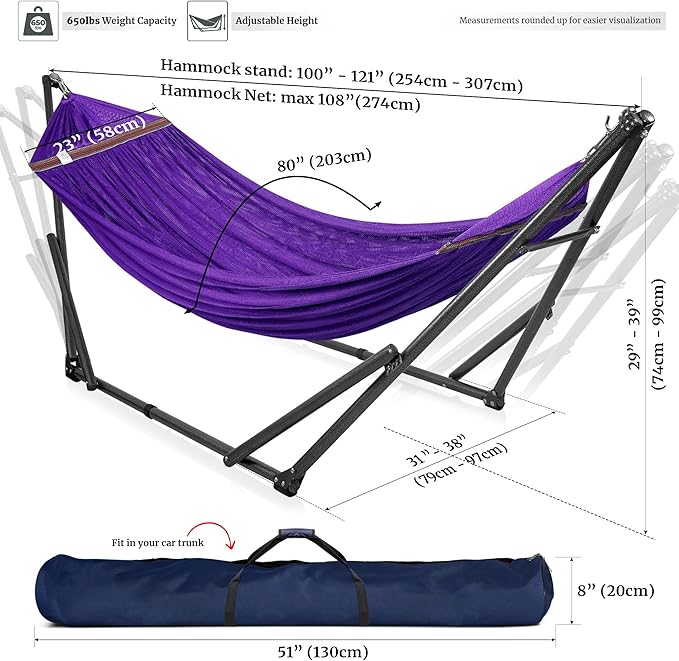Tranquillo Universal Double Hammock with Stand Included for 2 Persons/Foldable Hammock Stand 600 lbs Capacity Portable Case - Inhouse, Outdoor, Camping, Purple