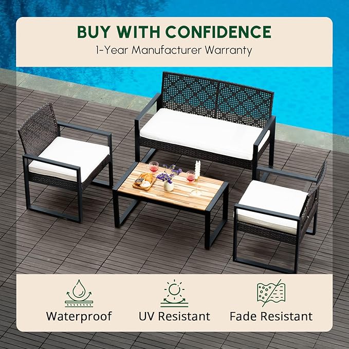 BEEFURNI Wicker Patio Furniture Outdoor Conversation Set of 4, Acacia Wood Table, 2 Rattan Chairs, Loveseat, 2” Cushions, All-Weather, Easy Assembly, 1-Year Manufacturer Warranty (Black)