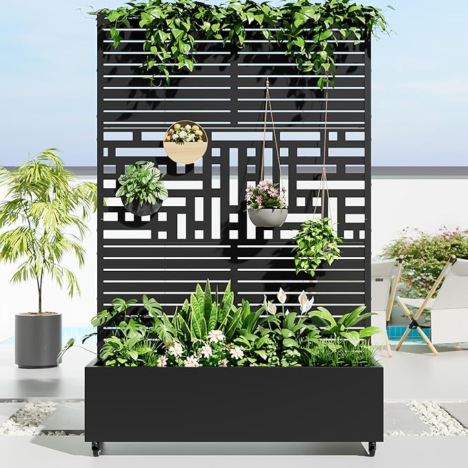 Casaphoria Metal Raised Garden Bed with Trellis and Wheels, 72"x47"x16" Planter Box for Climbing Plants, Vegetables & Vines, Features Drainage Holes and Privacy Screen, Black(Louvered&Helen)