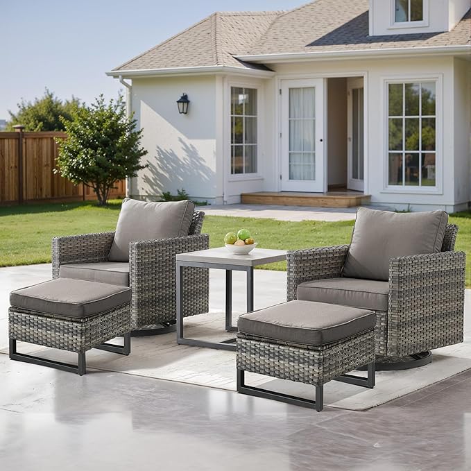 Patio Furniture Set with Swivel Chairs-5 Piece Outdoor Swivel Rocker Patio Chairs with Ottomans Rattan Side Table, Comfy Cushion Outdoor Furniture Set for Porch Deck Garden Backyard(Grey/Grey)