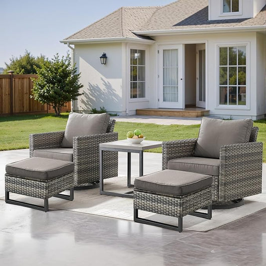 Patio Furniture Set with Swivel Chairs-5 Piece Outdoor Swivel Rocker Patio Chairs with Ottomans Rattan Side Table, Comfy Cushion Outdoor Furniture Set for Porch Deck Garden Backyard(Grey/Grey)