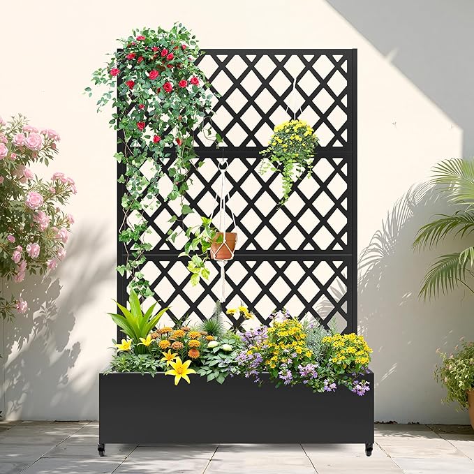 Metal Planter Box with Trellis, Planter Box with Privacy Screen, Privacy Trellis Outdoor for Climbing Plants with Drainage Holes, Raised Garden Bed with Wheels