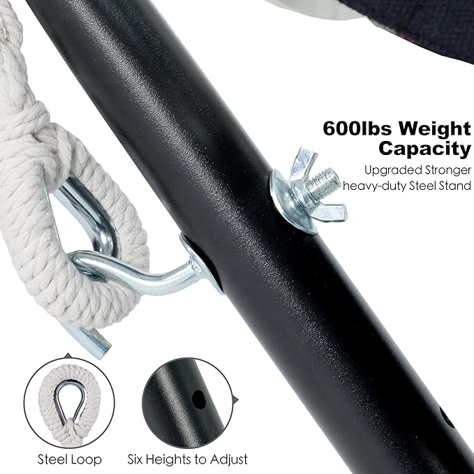 Double Hammock with Stand for Outside, Upgraded Spreader Bar, Heavy Duty Space Saving Steel Stand 2 Person, Side Pockets, Easy Assembly, 600lbs Weight Capacity, Indoor & Outdoor (Darkness)