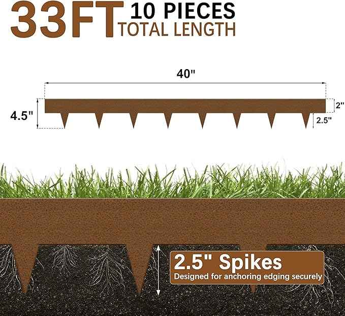 Worth Garden 10-Pack Corten Steel Landscape Lawn Edging - 4.5in H Rust Patina Finish Bendable Metal Strips - Hammer-in Pre-Rusted Border w/ 11 Clips - Yard Pathway Divider (33Ft Total)