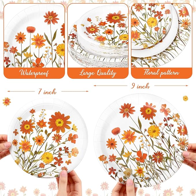 Mumufy 100 Pack Fall Floral Paper Plates 9" & 7" Disposable Autumn Orange Wildflower Cake Dessert Plates Watercolor for Dinner Harvest Wedding Baby Shower Birthday Fall Tea Party Decoration Supplies