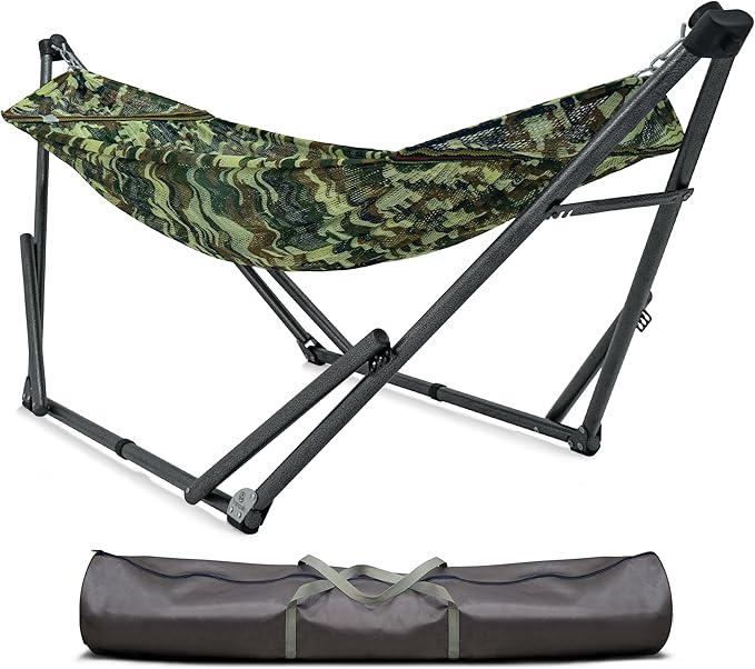 Tranquillo Uniki 550 lbs Capacity Hammock 3-Year Warranty 30s Folding Camping Hammock with Stand, Portable Hammock for Indoor Outdoor, Instant Setup No Screws Needed, Camo