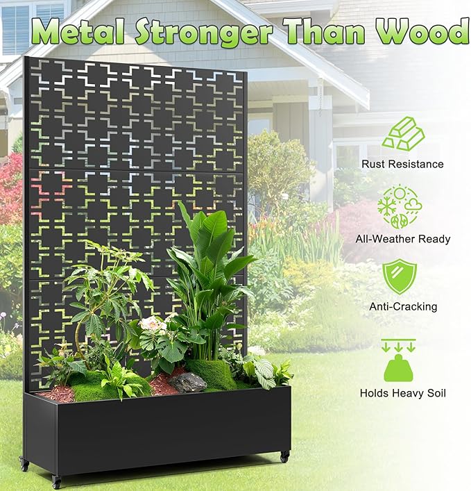 15.7"×70.9"×47.2" Metal Raised Garden Bed with Trellis and Wheels - Tall Trellis Planter Box for Climbing Plants, Vegetables & Vines - Outdoor Privacy Planters for Patio (Black-Square)