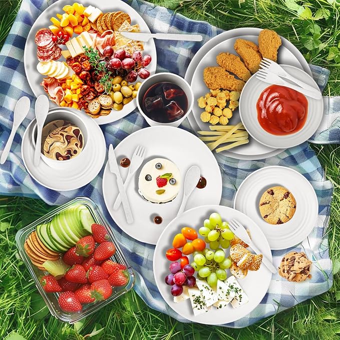 Wrova Wheat Straw Plate and Bowl sets with cups and cutlery set of 64 - Unbreakable Dinnerware service for 8 - Microwave and Dishwasher safe dish sets for kitchen,indoors and out doors.White