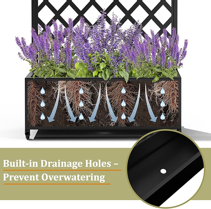 Metal Planter Box with Trellis, Heavy-Duty Raised Garden Bed for Climbing Plants, Drainage Hole, Outdoor Planter Box with Privacy Screen，35''L×16''W×71''H