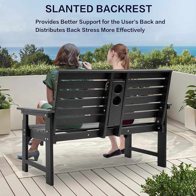 Outdoor Bench Weatherproof - HDPE 2-Person Garden Bench with Cup Holders, Bench Furniture with Backrest and Armrests, 700 lbs Capacity, Patio Park Bench for Front Porch Backyard Park (Black)