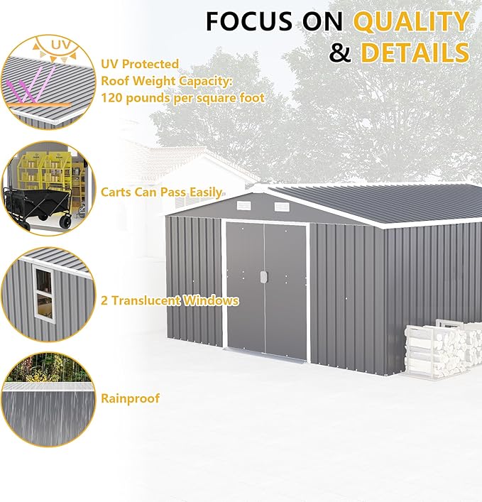 KEIKI 10'x12' Metal Storage Shed, Outdoor Garden Shed with 2 Doors & 2 Windows - Heavy-Duty Steel Construction, Includes Foundation Kit - Ideal for Backyard, Patio, Lawn Storage - Dark Gray