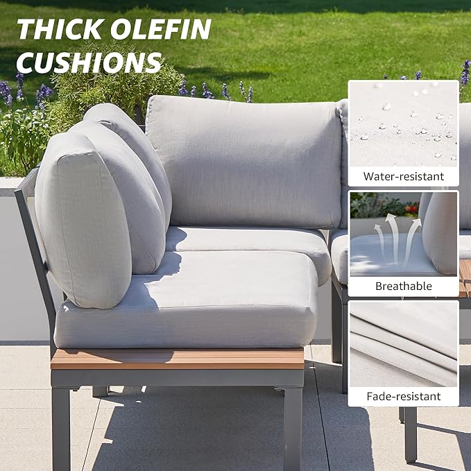 NATURAL EXPRESSIONS Patio Furniture Sets, L Shape Patio Sectional Metal Outdoor Sectional Corner Sofa Outdoor Couch with Detachable Backrest,3 Fauxwood Tables,5” Grey Olefin Cushions