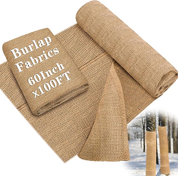 Buryeah 60 Inch x 100 ft Burlap Fabrics Roll Natural Jute Burlap Tree Wraps Protector Winter Frost Plant Blankets Cloth Weed Barrier Fabric Garden Plants for Winter Outdoor Trees Shrubs Party