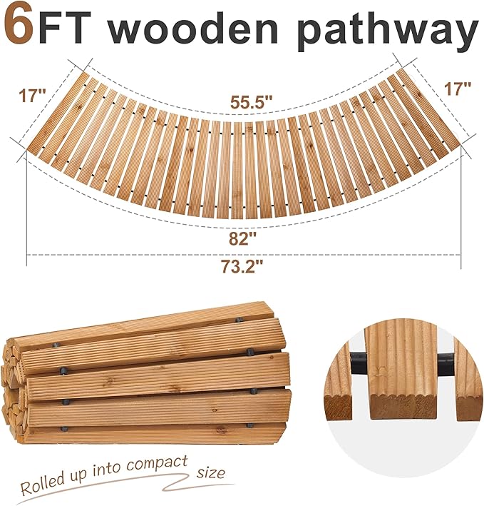 FILWH Wooden Garden Pathway Outdoor Roll-Out Walkway Weather-Resistant Fir Wood Curved or Straight Boardwalk Decorative Garden for Backyard,Beach,Wedding Party Pathways (Natural, 6FT Curved)