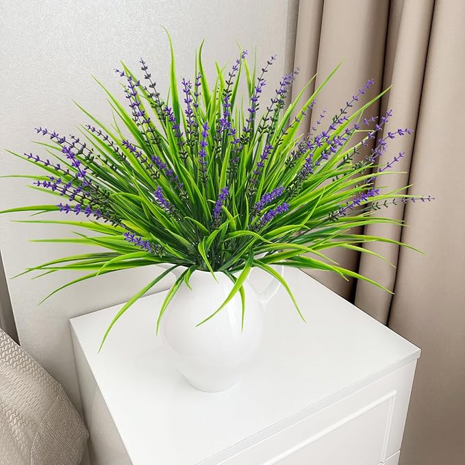 10 Pcs Artificial Plants Outdoor, UV Resistant Fake Outdoor Flowers Plants Faux Plastic Monkey Grass for Outside Front Porch Garden Window Box Home Office Planters Desk Decor (Purple)