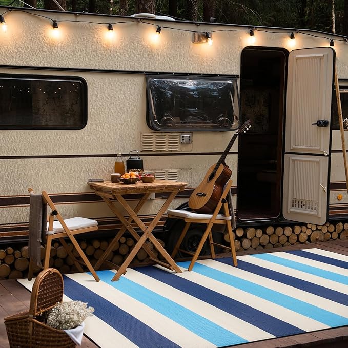 Rugshop Contemporary Stripe Reversible Crease-Free Waterproof Premium Recycled Plastic Outdoor Rugs for Patio,Backyard,RV,Deck,Picnic,Trailer,Beach,Camping,Sunroom Blue 7'10" x 10'