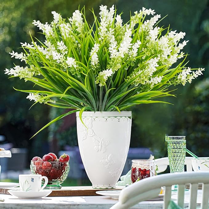 12 Bundles Artificial Plants Outdoor, 18.2" UV Resistant Faux Monkey Grass Greenery Stems No Fade Faux Plastic Flowers Shrubs for Home Weddings Garden Porch Front Patio Office Decor- White