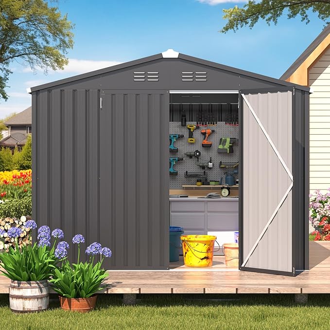 AECOJOY Shed 8' x 6' Metal Storage Shed for Outdoor, Dark Grey Steel Backyard Shed (53 Sq.Ft Land) with Design of Lockable Doors, Utility and Tool Storage for Garden, Backyard, Patio, Outside use