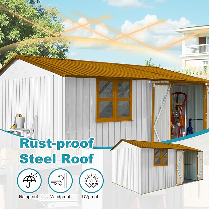 Sheds & Outdoor Storage 12 ft × 10 ft Storage Shed Large Classic Apex Roof Metal Garden Storage Sheds with Hinged Door, Window Tool Cabinet for Backyard, Patio, Poolside, White + Yellow
