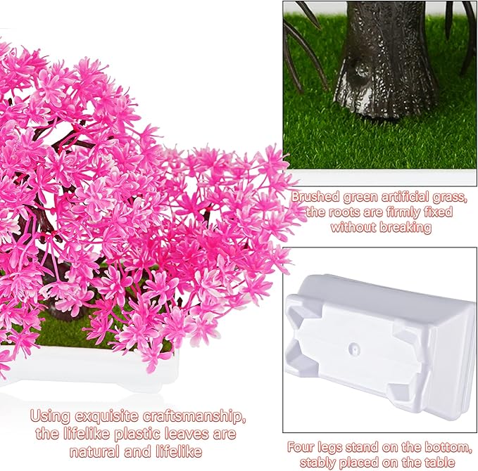 Mini Artificial Bonsai Tree Plants with Plastic Cement Pots for Home Office Décor (Rose Red)