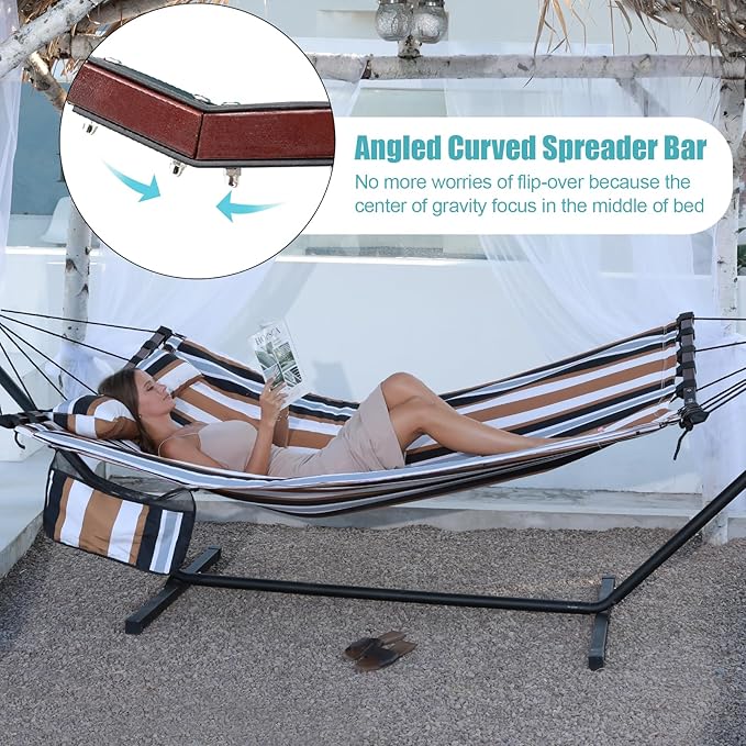 TegerDeger 12FT 2 Person Hammock Large Hammock 450LB Capacity with V Shaped Hardwood Spreader Bar & Nylon Rope for Outside, Patio, Garden, Backyard, Beach, Poolside - Coffee Stripes