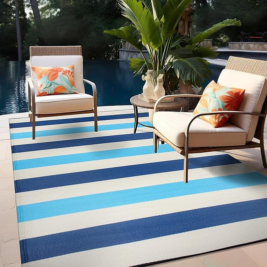 Rugshop Contemporary Stripe Reversible Crease-Free Waterproof Premium Recycled Plastic Outdoor Rugs for Patio,Backyard,RV,Deck,Picnic,Trailer,Beach,Camping,Sunroom Blue 5' x 7'