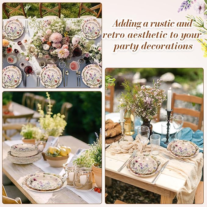 Mumufy 100 Pack Wild Floral Paper Plates Flower Dinner Decoration 9" & 7" Disposable Watercolor Dessert Plates for Wedding Birthday Baby Shower Bridal Tea Party Supplies
