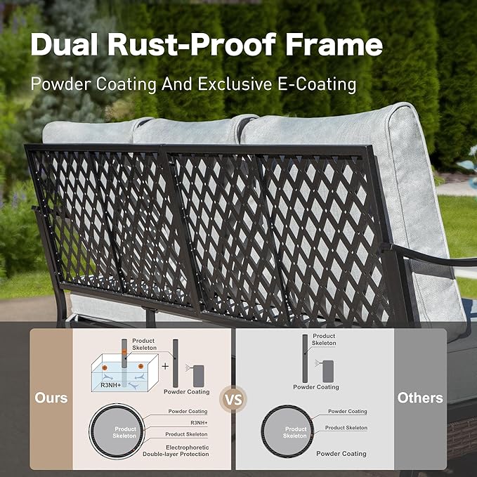 4 PCS Metal Outdoor Patio Furniture Set, Patio Conversation Sets 1 3-Seater Sofa, 2 Swivel Chairs with 5.75" Extra Thick Cushion & Coffee Table, Black Backyard Furniture, Light Gray