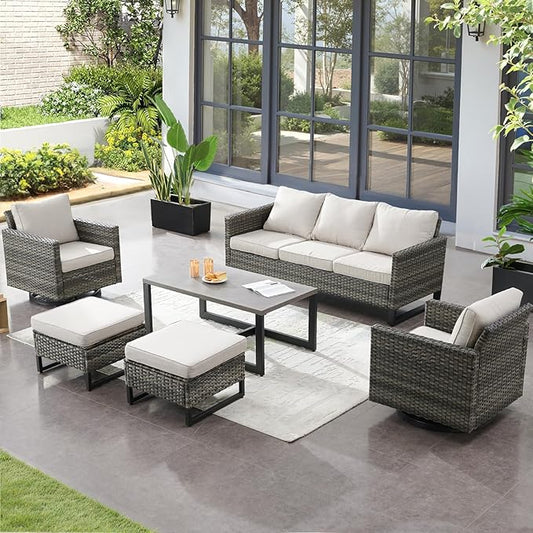 6 Pieces Patio Furniture Set-All Weather Outdoor Swivel Rocker Patio Chairs with 3-Seat Section Couch and Rattan Coffee Table Outdoor Conversation Sets for Garden Backyard Deck(Grey/Beige)