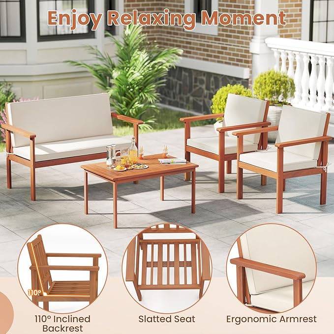 Tangkula Acacia Wood Patio Conversation Set, Outdoor Wooden Cushioned Chairs & Slatted Coffee Table Set,for Backyard, Porch, Balcony, Poolside and Lawn (Off White,1)