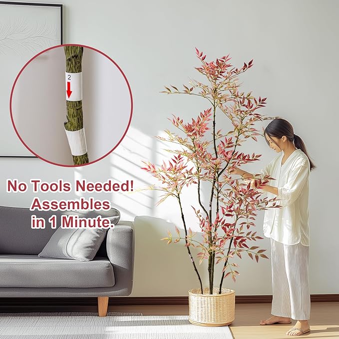 6ft Faux Bamboo Tree Artificial Nandina Tree Artificial Indoor Plants Realistic Fake Potted Tree with 800+ Leaves, Cement Planter - Home Office Decor Perfect for Housewarming Gift Non-Toxic