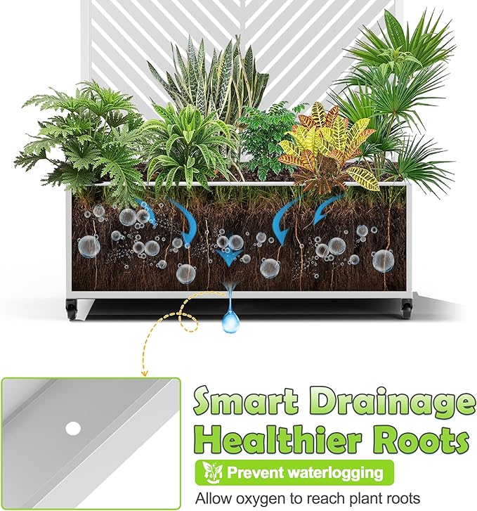 15.7"×70.9"×35.4" Metal Raised Garden Bed with Trellis and Wheels - Tall Trellis Planter Box for Climbing Plants, Vegetables & Vines - Outdoor Privacy Planters for Patio (White-Parallel)