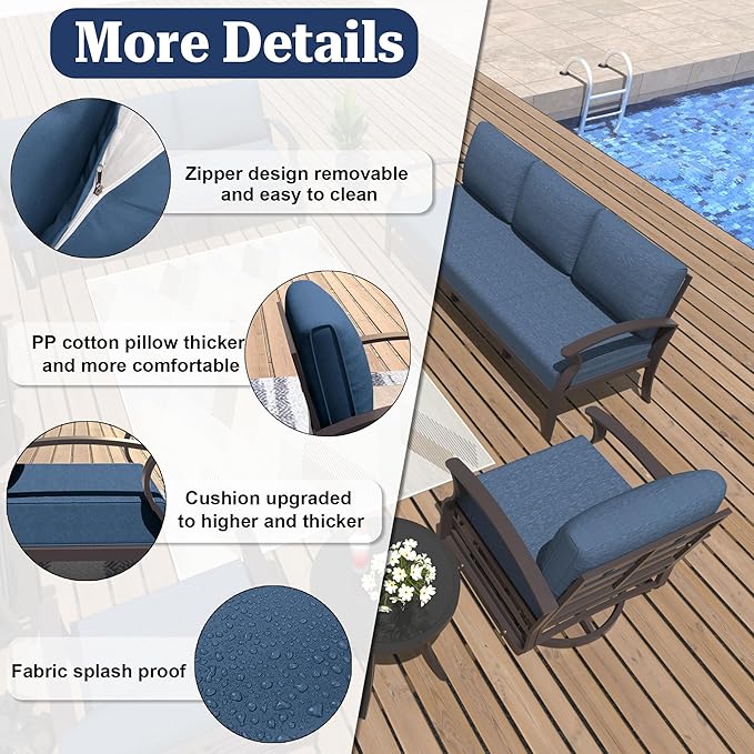 Kurapika Aluminum Patio Furniture Set 5-Seat Modern Metal Outdoor Conversation Sets w/5.1 Inch Cushion Patio Sectional Sofa, Navy Blue
