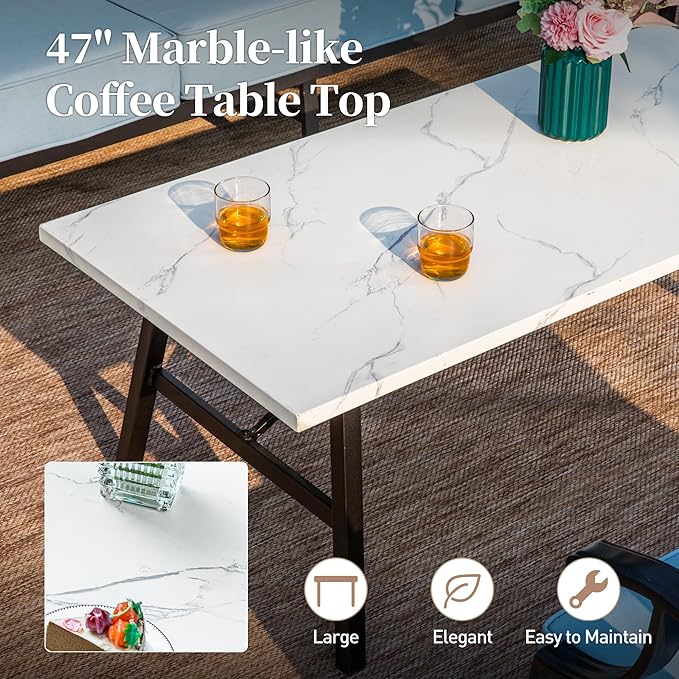 4 Piece Metal Outdoor Patio Furniture Set, Patio Conversation Set 1 3-seater Sofa, 2 Rocking Chair with 5.75" Extra Thick Cushion and Coffee Table, Black Frame Backyard Furniture, Blue