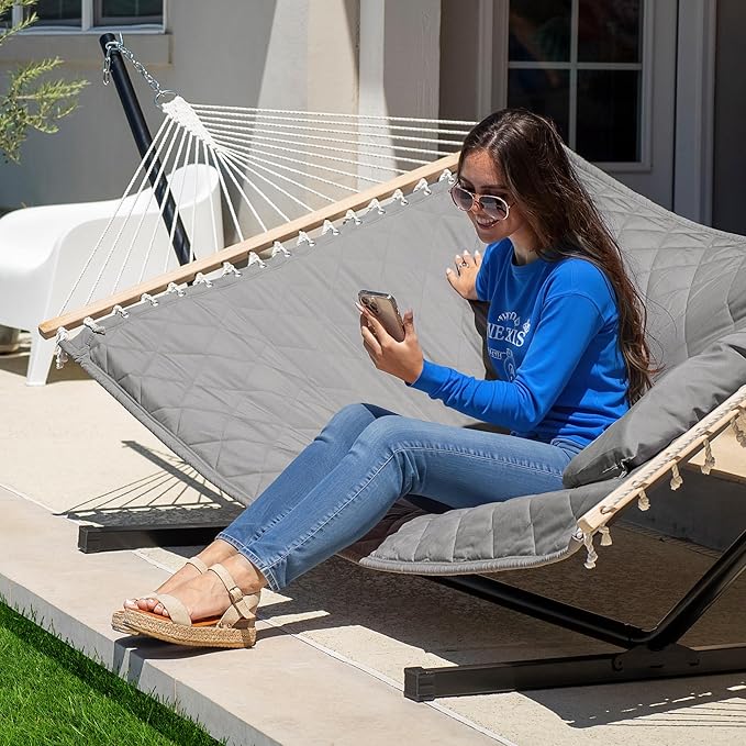 ANOW Double Hammock with Stand 12FT, Heavy Duty Hammocks with Stand for Outdoors, 450 LBS Weight Capacity, Light Gray