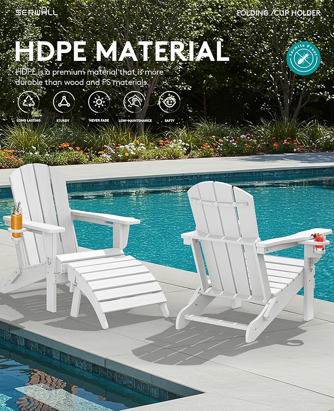 SERWALL Folding Adirondack Chair, Dual Cup Holders & All-Weather HDPE, Wood-Like Patio Chair for Backyard, Camping，Pool & Fire Pit- White