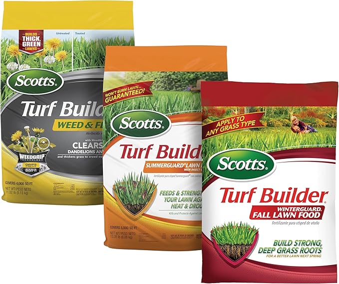Scotts Turf Builder Weed & Feed5, SummerGuard and WinterGuard, 3 Bag Bundle, Small Lawns