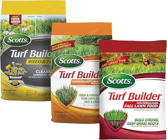 Scotts Turf Builder Weed & Feed5, SummerGuard and WinterGuard, 3 Bag Bundle, Small Lawns