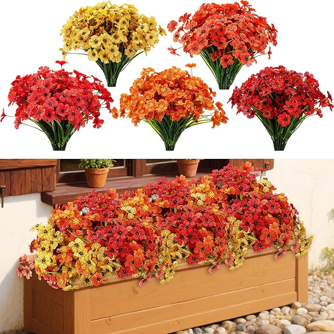 Lyrow 100 Bundles Violet Artificial Flowers, UV Resistant Faux Silk Flowers Outdoor, Fake Violet Bulk for Front Porch Hanging Garden Courtyard Farmhouse Home (Autumn Color System)