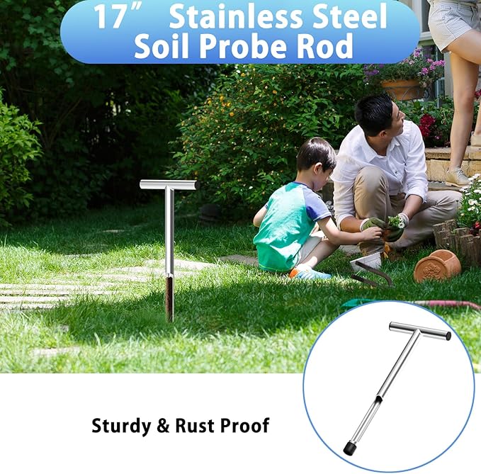 ForoGore 17 Inch Stainless Steel Soil Sampler Probe, T-Style Handle Soil Test Probe, Soil Probe for Soil Sampling, Soil Test Kit for Plant Care, Farm, Lawn Garden
