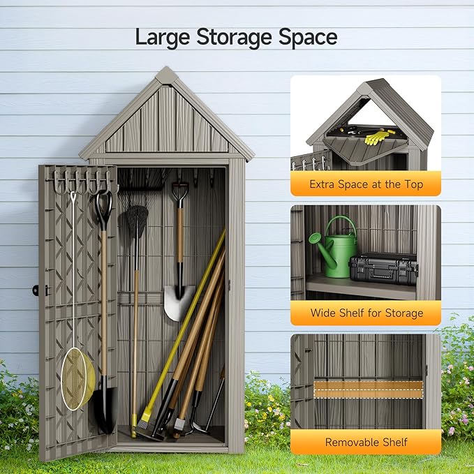 ONBRILL Multifunctional Storage Shed, Outdoor Storage Cabinet with Hooks and Lock Ring, Waterproof Outdoor Storage Shed for All Weather, Tool Outdoor Shed for Patio Lawn and Garden