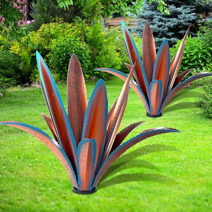 TOMBABY Enlarge Thickened Wind Resistant Iron Agave Metal Plant Country Garden Sculpture Statue Outdoor Decoration Agave Metal Plant Courtyard Garden Lawn Ornament Gift (2, 12 Leaves Blue)
