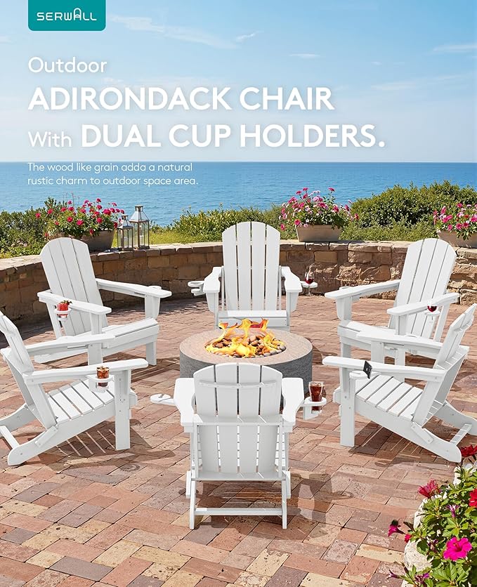 SERWALL Folding Adirondack Chair, Dual Cup Holders & All-Weather HDPE, Wood-Like Patio Chair for Backyard, Camping，Pool & Fire Pit- White